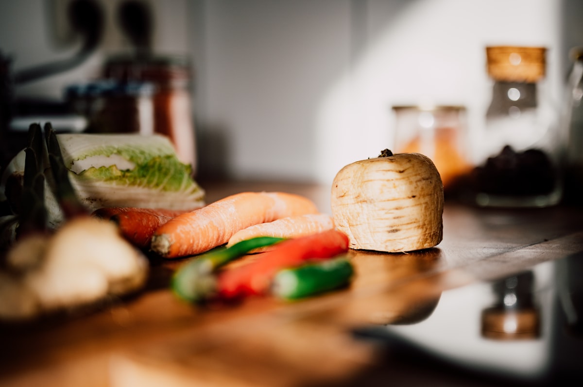 Protein and vegetable prep laid out on cutting boards